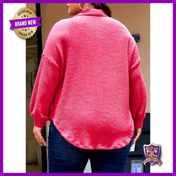 Plus Size Waffle Knit Shacket Long Sleeve Button Down Boyfriend Shirt - Picture 2 of 7